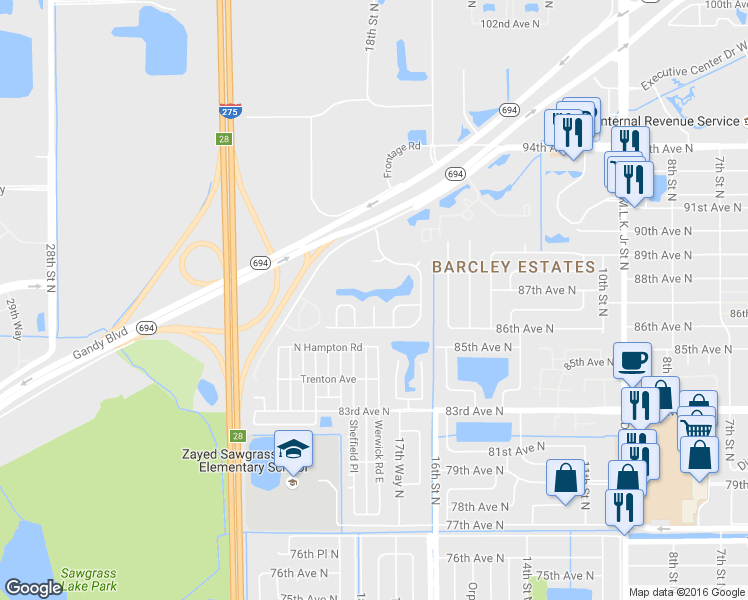map of restaurants, bars, coffee shops, grocery stores, and more near 8653 18th Way North in St. Petersburg