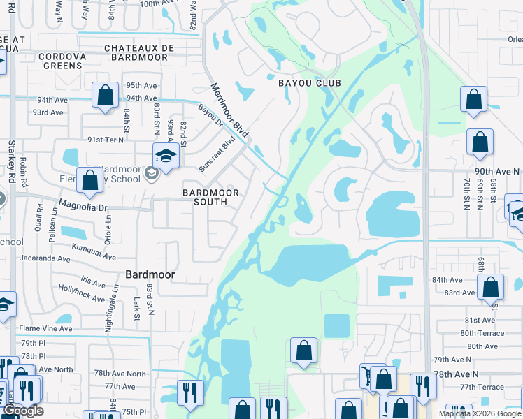 map of restaurants, bars, coffee shops, grocery stores, and more near 8785 Silverthorn Road in Largo