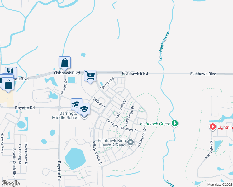 map of restaurants, bars, coffee shops, grocery stores, and more near Village Center Drive in Lithia