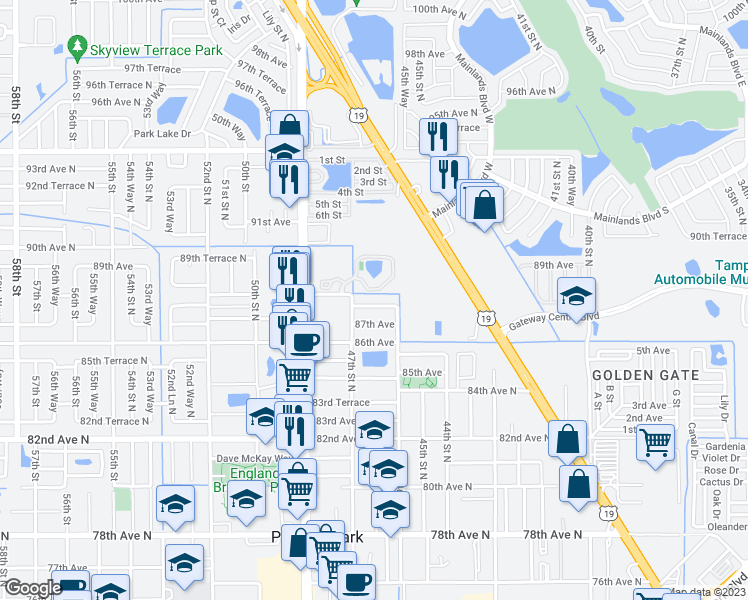 map of restaurants, bars, coffee shops, grocery stores, and more near 4601 87th Terrace in Pinellas Park