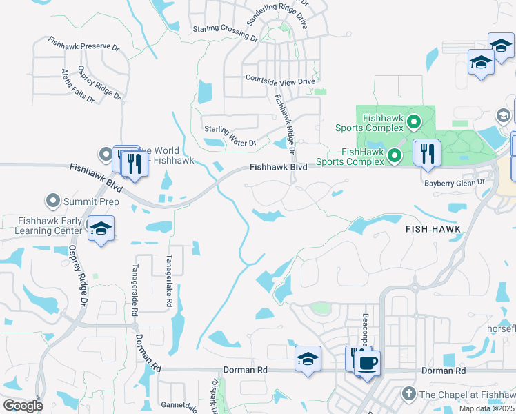 map of restaurants, bars, coffee shops, grocery stores, and more near 5852 Fishhawk Ridge Drive in Lithia