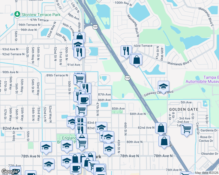 map of restaurants, bars, coffee shops, grocery stores, and more near 4601 87th Terrace in Pinellas Park
