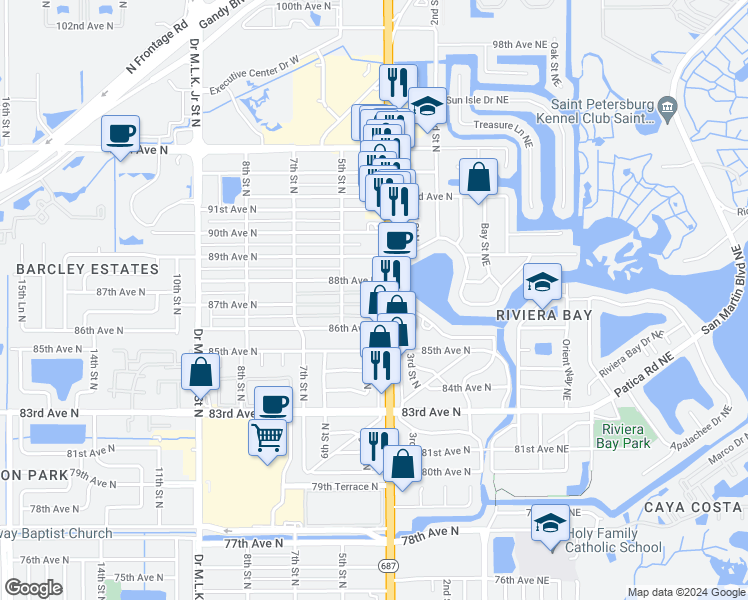 map of restaurants, bars, coffee shops, grocery stores, and more near 407 87th Avenue North in Saint Petersburg