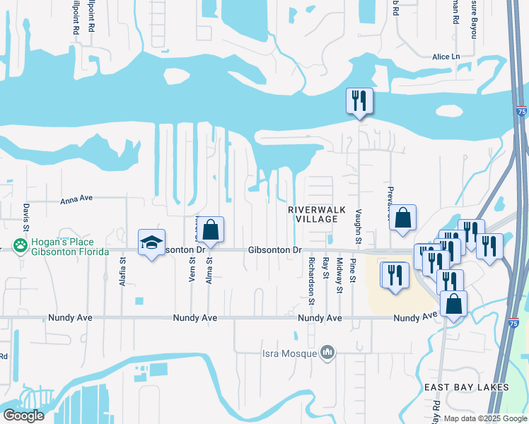 map of restaurants, bars, coffee shops, grocery stores, and more near 10021 Linda Street in Gibsonton