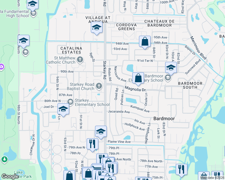 map of restaurants, bars, coffee shops, grocery stores, and more near 8774 Quail Road in Seminole