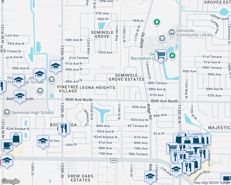 map of restaurants, bars, coffee shops, grocery stores, and more near 11928 Temple Court in Seminole
