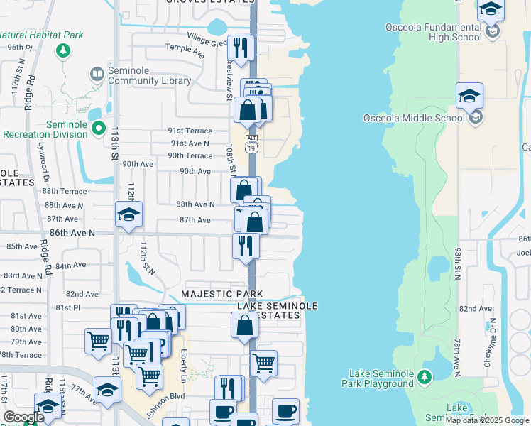 map of restaurants, bars, coffee shops, grocery stores, and more near 10653 Porpoise Park Drive in Seminole