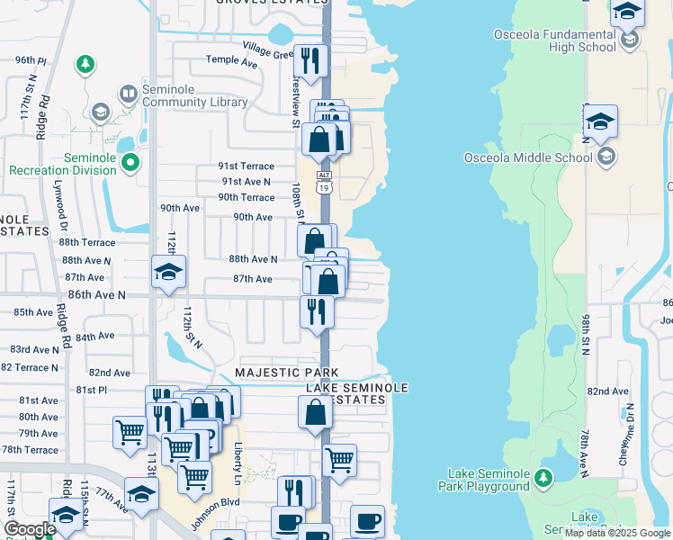 map of restaurants, bars, coffee shops, grocery stores, and more near 8701 Seminole Boulevard in Seminole