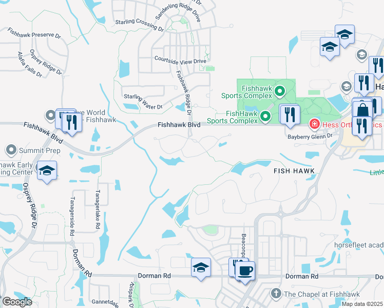 map of restaurants, bars, coffee shops, grocery stores, and more near 15842 Fishhawk View Drive in Lithia