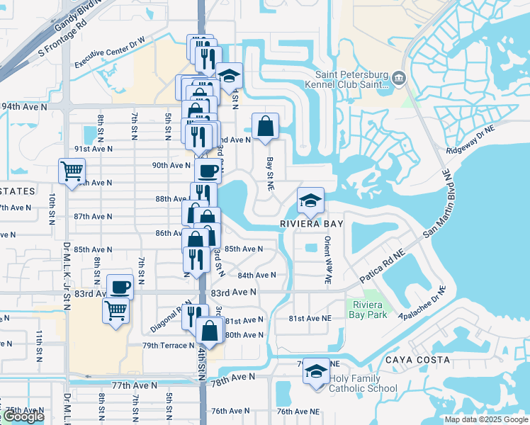 map of restaurants, bars, coffee shops, grocery stores, and more near 121 Sunlit Cove Drive Northeast in St. Petersburg