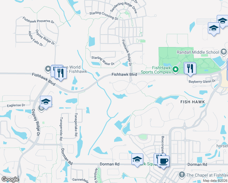map of restaurants, bars, coffee shops, grocery stores, and more near 5870 Fishhawk Ridge Drive in Lithia