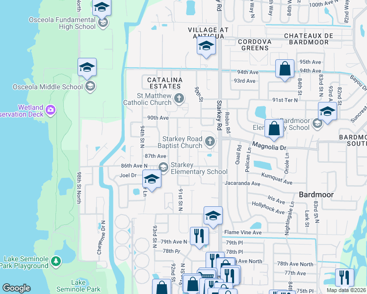 map of restaurants, bars, coffee shops, grocery stores, and more near 8761 91st Street North in Seminole