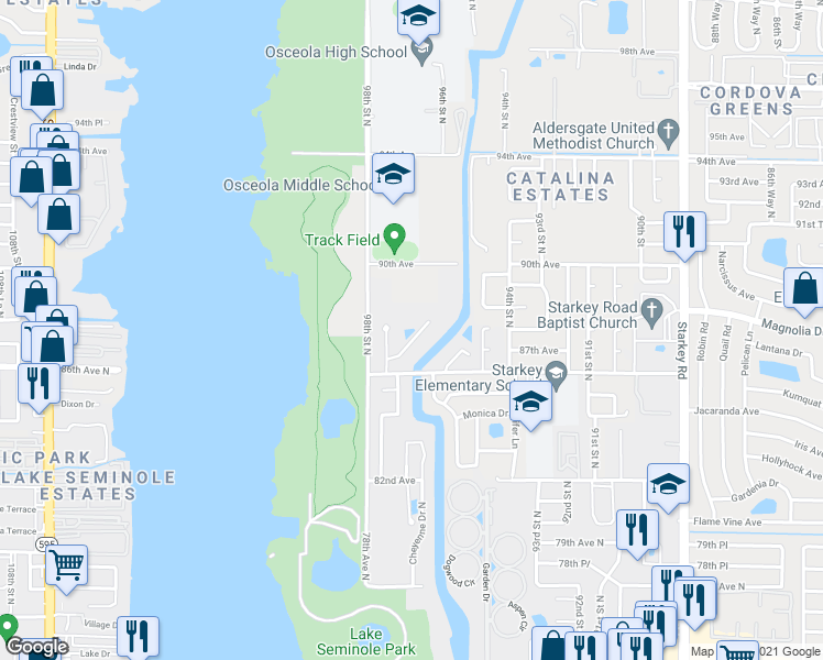 map of restaurants, bars, coffee shops, grocery stores, and more near 9555 86th Avenue in Seminole