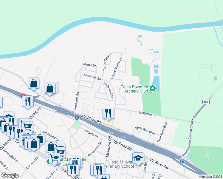 map of restaurants, bars, coffee shops, grocery stores, and more near 121 Wellwood Street in Corpus Christi