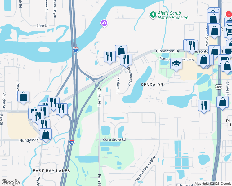map of restaurants, bars, coffee shops, grocery stores, and more near 10025 Kenlake Drive in Riverview