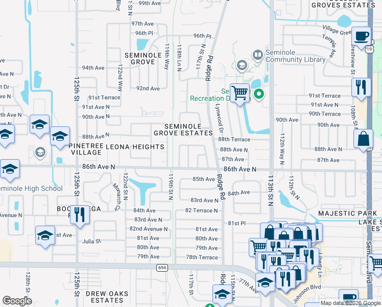map of restaurants, bars, coffee shops, grocery stores, and more near 11755 87th Avenue in Seminole