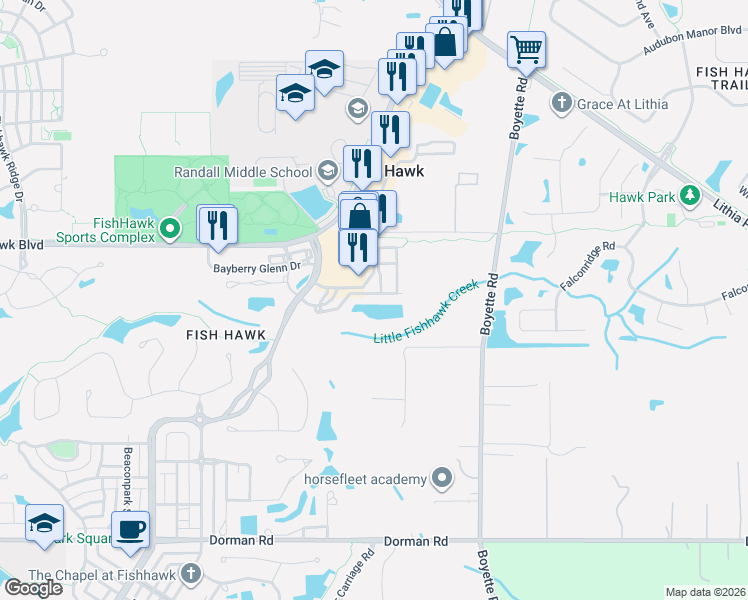map of restaurants, bars, coffee shops, grocery stores, and more near 16535 Kingletridge Avenue in Fish Hawk