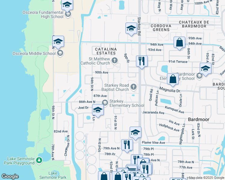 map of restaurants, bars, coffee shops, grocery stores, and more near 8772 91st Street North in Seminole