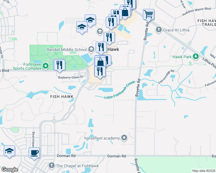 map of restaurants, bars, coffee shops, grocery stores, and more near 16535 Kingletridge Avenue in Lithia
