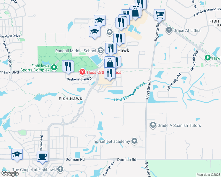 map of restaurants, bars, coffee shops, grocery stores, and more near 16521 Kingletridge Avenue in Lithia