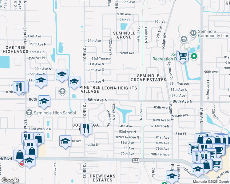 map of restaurants, bars, coffee shops, grocery stores, and more near 8712 Matthew Street in Seminole