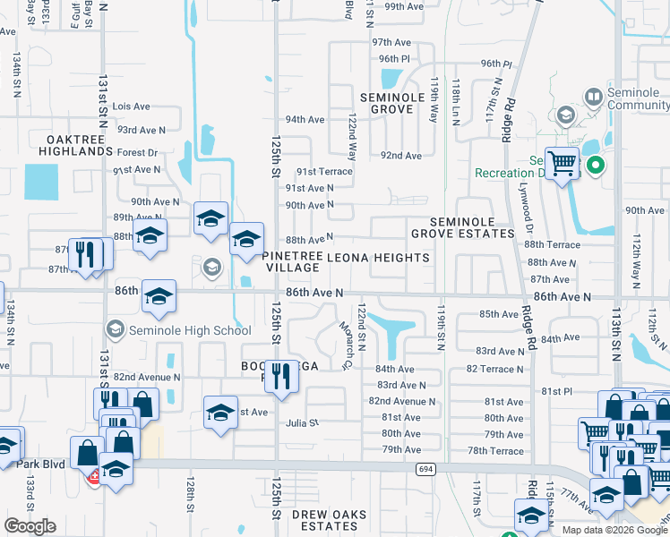 map of restaurants, bars, coffee shops, grocery stores, and more near 8707 124th Way in Seminole
