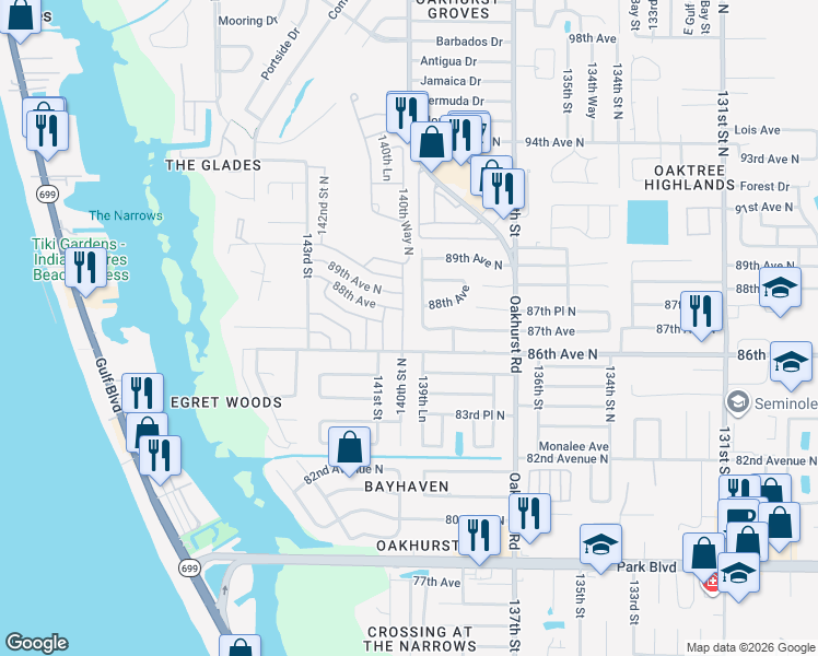 map of restaurants, bars, coffee shops, grocery stores, and more near 8667 140th Way North in Seminole
