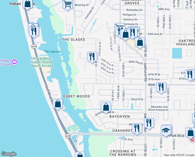 map of restaurants, bars, coffee shops, grocery stores, and more near 8647 143rd Street in Seminole