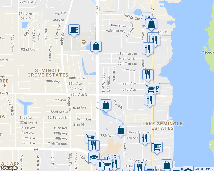 map of restaurants, bars, coffee shops, grocery stores, and more near 8736 112th Street North in Seminole