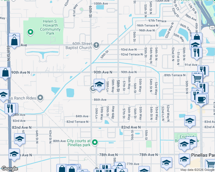 map of restaurants, bars, coffee shops, grocery stores, and more near 8790 58th Lane in Pinellas Park