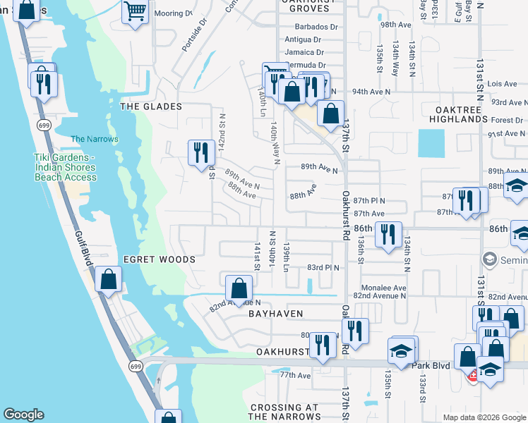 map of restaurants, bars, coffee shops, grocery stores, and more near 8669 141st Street in Seminole