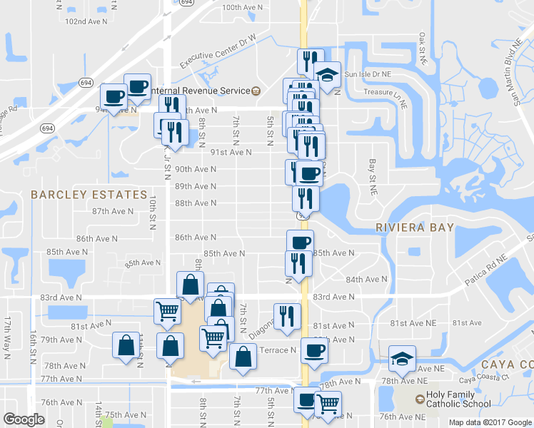 map of restaurants, bars, coffee shops, grocery stores, and more near 518 87th Terrace North in St. Petersburg