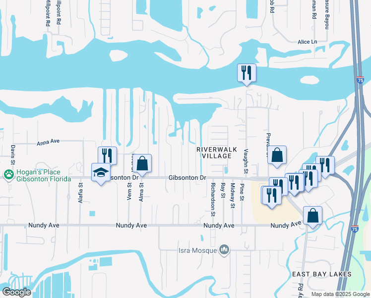 map of restaurants, bars, coffee shops, grocery stores, and more near 10021 Linda Street in Gibsonton