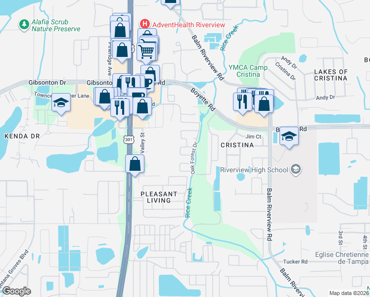 map of restaurants, bars, coffee shops, grocery stores, and more near 10904 Tall Oak Circle in Riverview