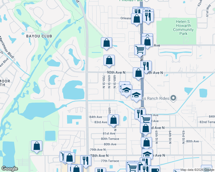 map of restaurants, bars, coffee shops, grocery stores, and more near 8782 69th Street North in Pinellas Park