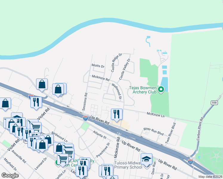 map of restaurants, bars, coffee shops, grocery stores, and more near 124 Honeywood Street in Corpus Christi