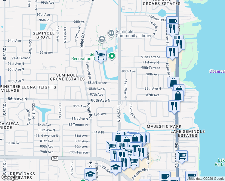 map of restaurants, bars, coffee shops, grocery stores, and more near 11366 88th Avenue in Seminole