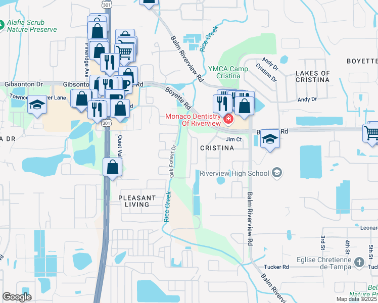 map of restaurants, bars, coffee shops, grocery stores, and more near 10314 Oak Forest Drive in Riverview