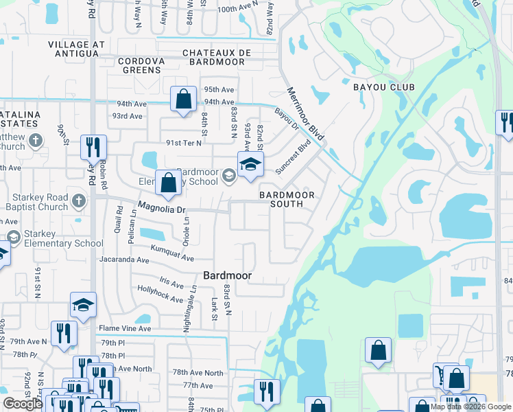 map of restaurants, bars, coffee shops, grocery stores, and more near 8142 Greenbriar Road in Seminole