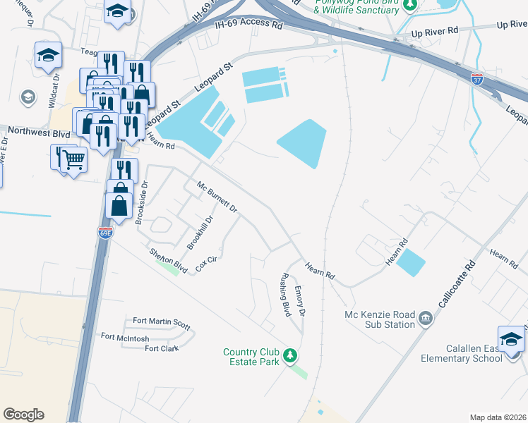 map of restaurants, bars, coffee shops, grocery stores, and more near 12937 Hearn Road in Corpus Christi