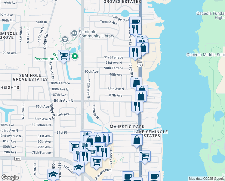 map of restaurants, bars, coffee shops, grocery stores, and more near 10984 88th Avenue in Seminole