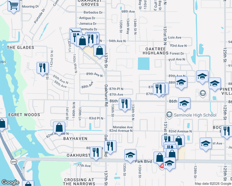 map of restaurants, bars, coffee shops, grocery stores, and more near 13623 87th Avenue in Seminole