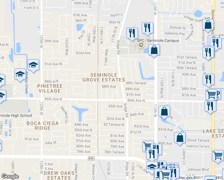 map of restaurants, bars, coffee shops, grocery stores, and more near 11755 87th Ave in Seminole