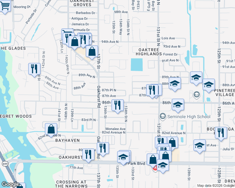 map of restaurants, bars, coffee shops, grocery stores, and more near 13513 87th Avenue in Seminole