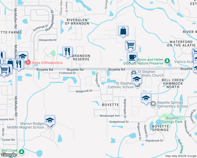 map of restaurants, bars, coffee shops, grocery stores, and more near 10114 Tarragon Drive in Riverview