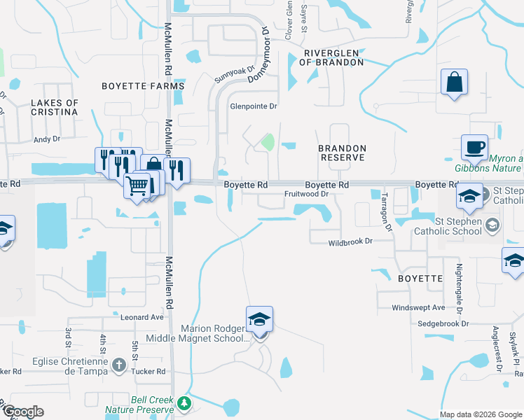 map of restaurants, bars, coffee shops, grocery stores, and more near 12009 Vermillion Way in Riverview