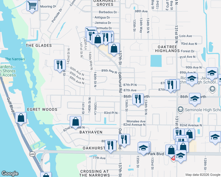 map of restaurants, bars, coffee shops, grocery stores, and more near 13801 87th Avenue in Seminole