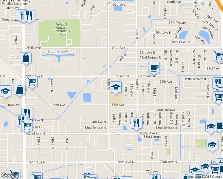 map of restaurants, bars, coffee shops, grocery stores, and more near 5984 89th Avenue in Pinellas Park