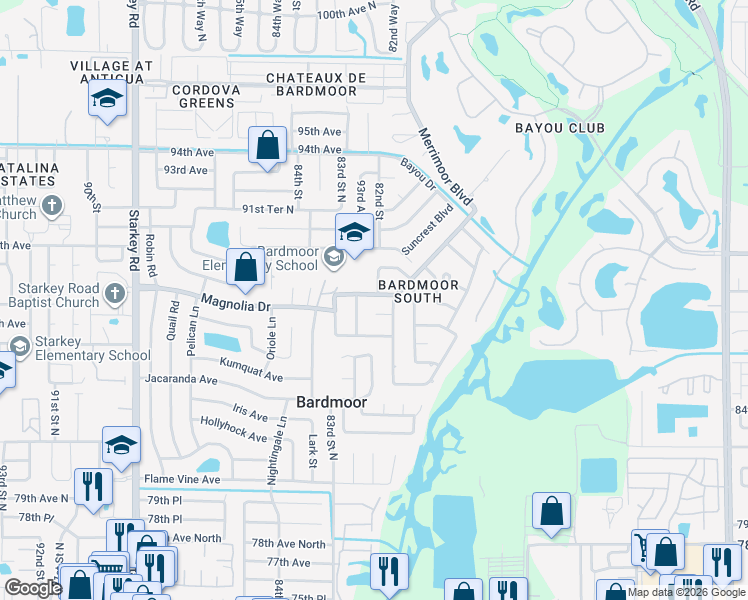 map of restaurants, bars, coffee shops, grocery stores, and more near 8142 Greenbriar Road in Seminole