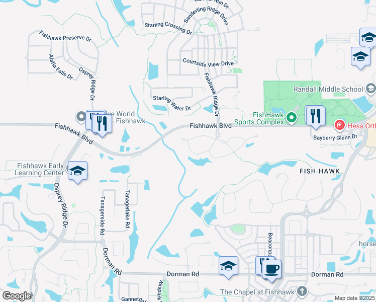 map of restaurants, bars, coffee shops, grocery stores, and more near 5870 Fishhawk Ridge Drive in Lithia